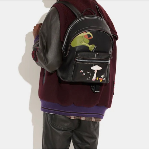 Disney X Coach Charter Backpack Bag Mushroom Mickey Garden Black Leather Purse - Picture 4 of 16